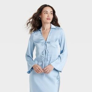 Women’s Long Sleeve Satin Tie Blouse a new day Light Blue